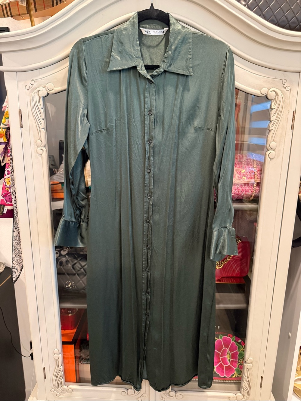 Zara Olive Green Satin Long Button-Front Dress